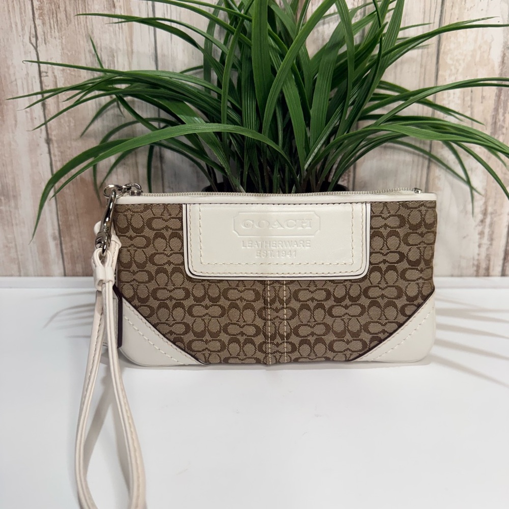 Coach Signature Canvas Wristlet in Brown and Off White